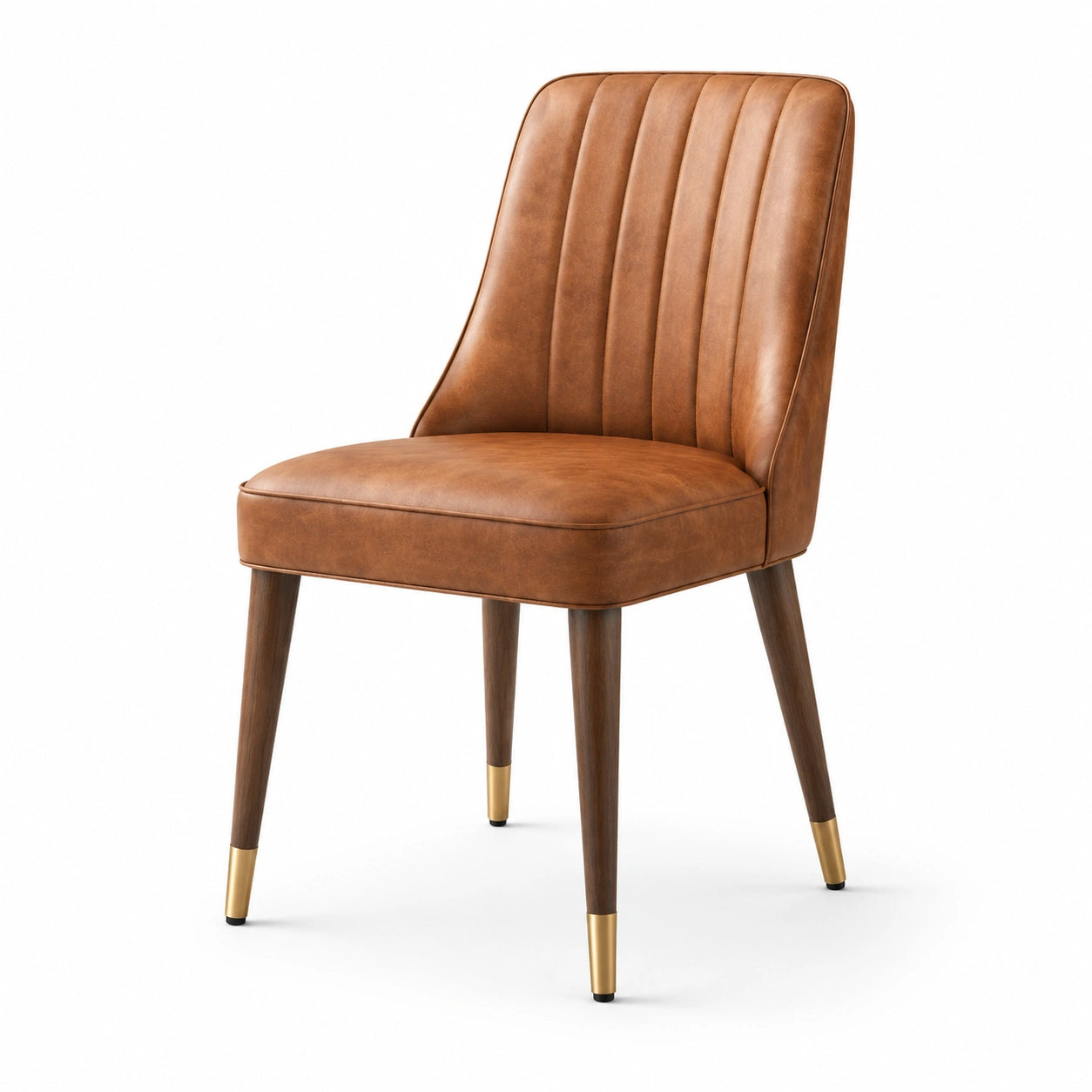 Sedia in pelle sintetica marrone con gambe in legno e dettagli in metallo dorato
