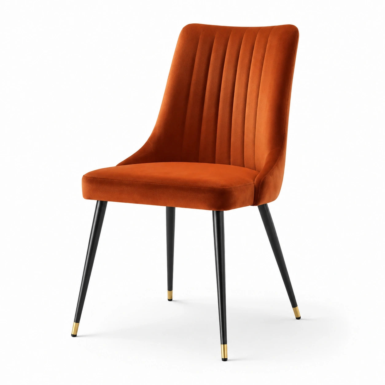 Sedia da pranzo in velluto arancione con gambe in metallo nero
