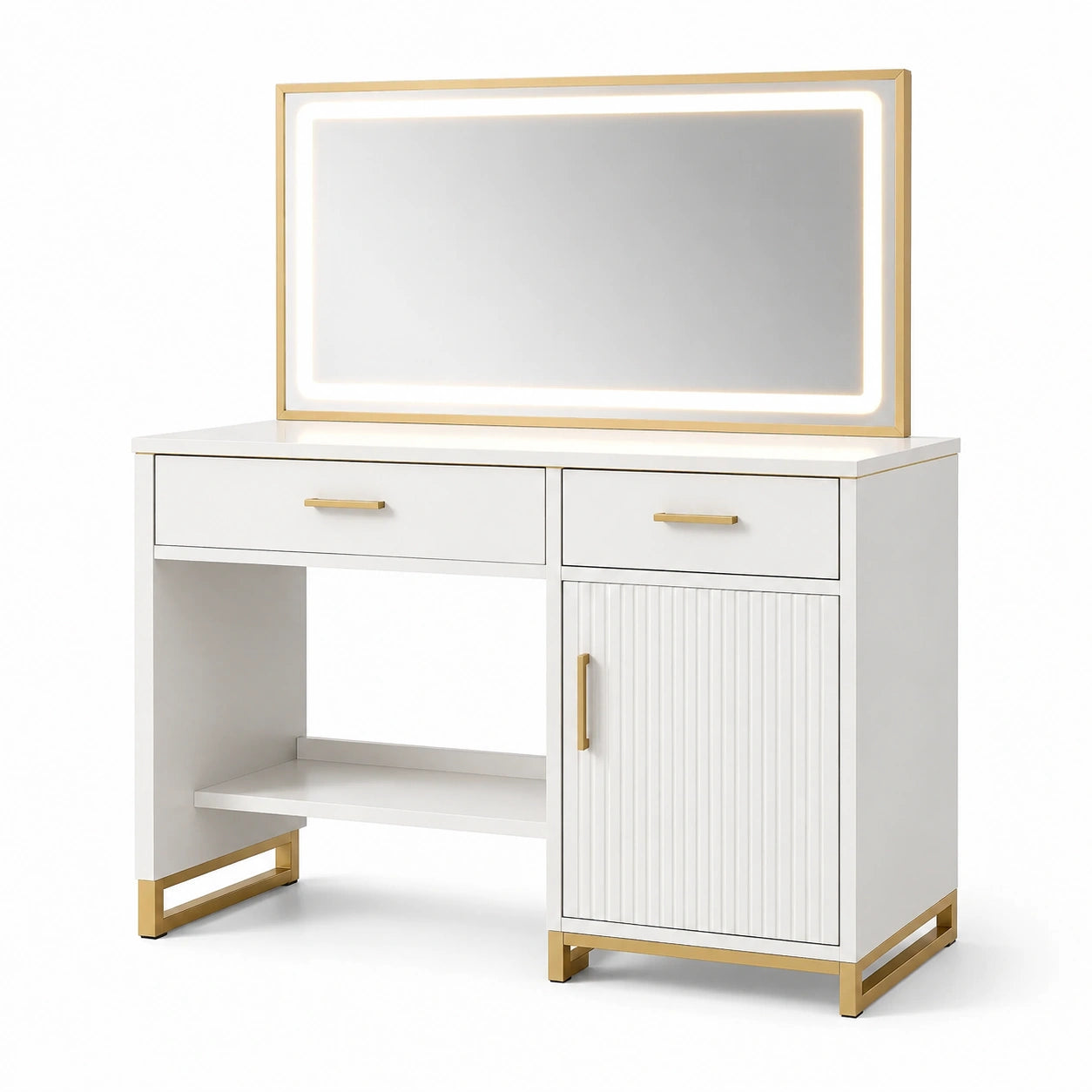 Tavolo da Toeletta in MDF con Specchio LED e Dettagli in Metallo