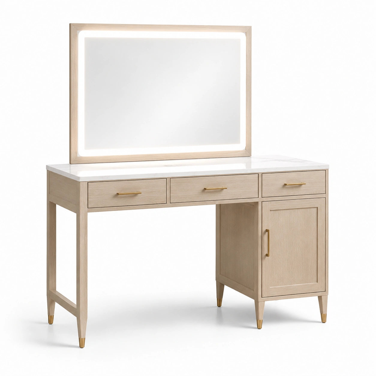 Tavolo da toeletta in legno chiaro e marmo con specchio LED