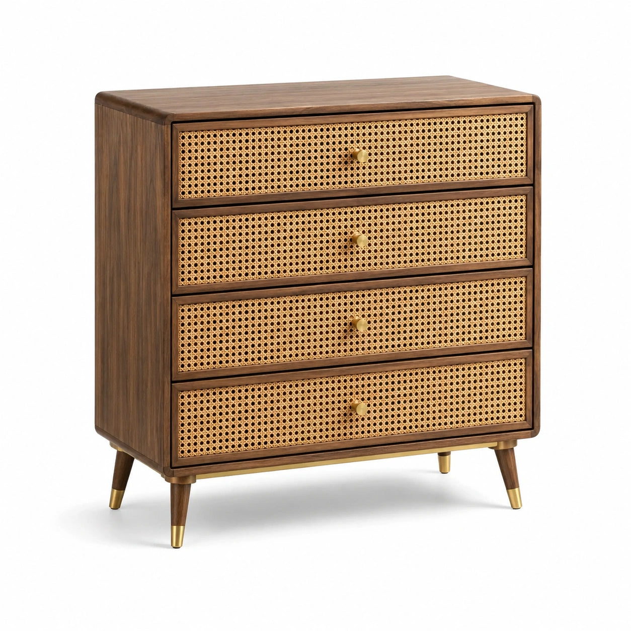 Cassettiera a Quattro Cassetti in Legno e Rattan