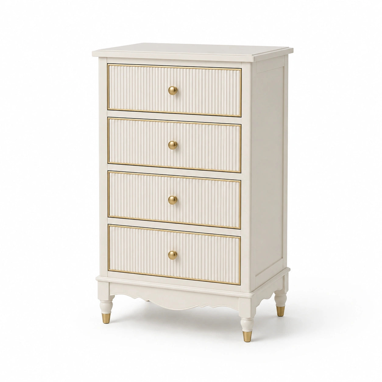 Cassettiera in legno con 4 cassetti crema e dettagli oro 90x45x40 cm