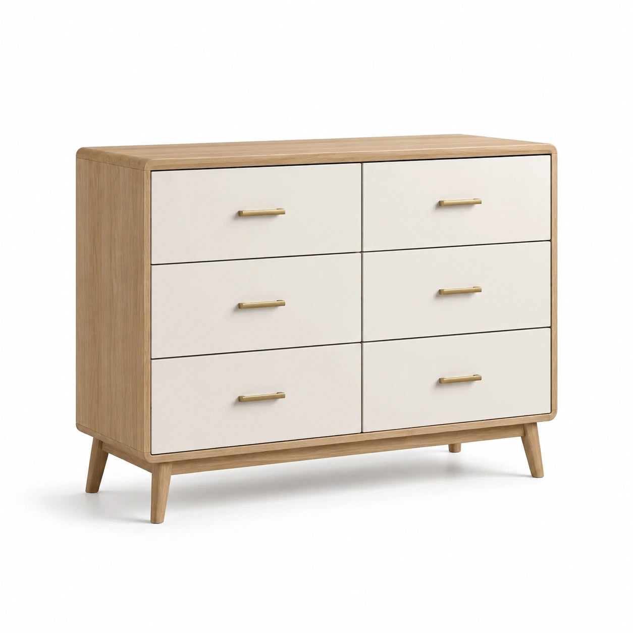 Cassettiera in legno quercia e MDF crema con sei cassetti 120x45x80 cm