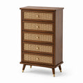 Cassettiera alta in legno e rattan con 5 cassetti