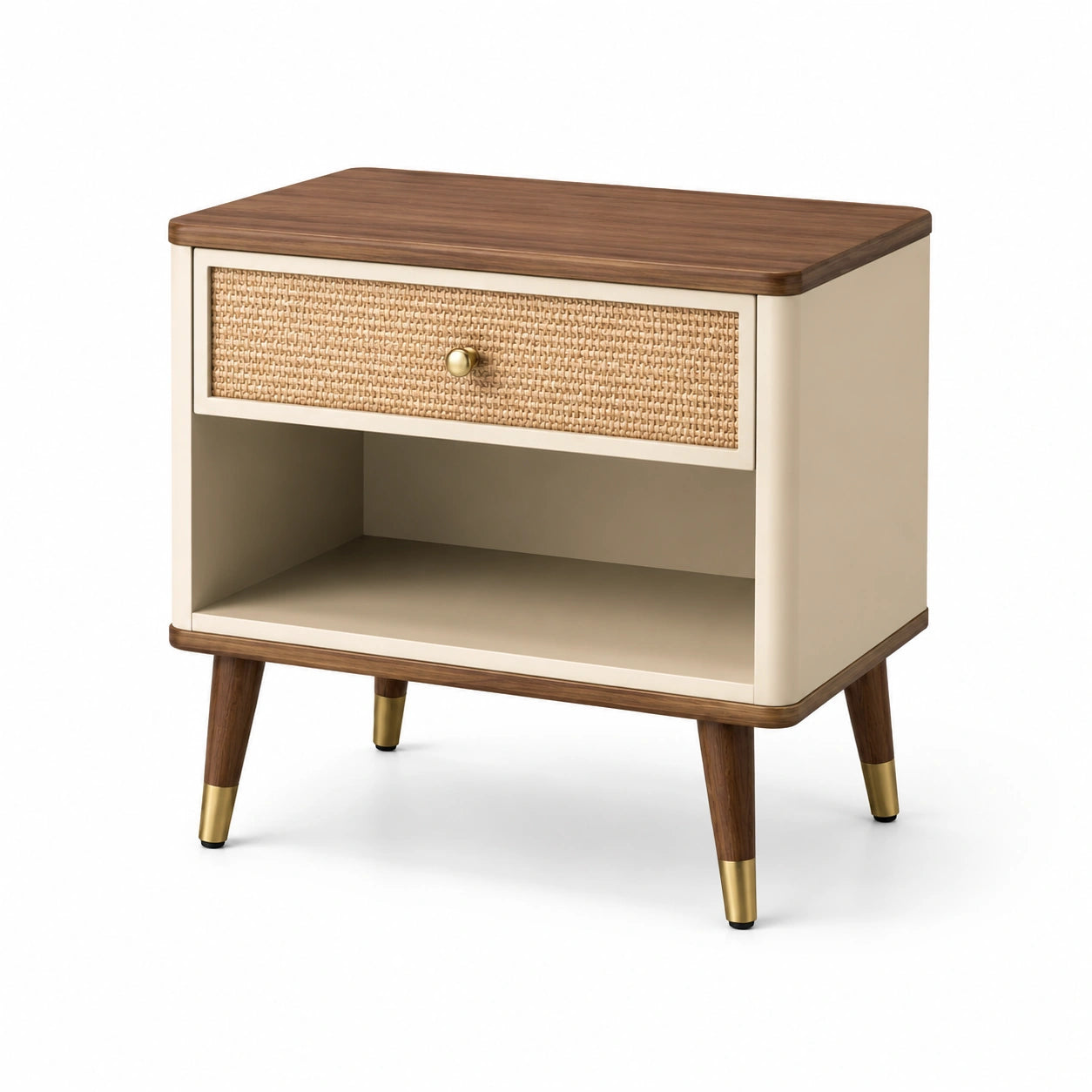 Comodino in legno, rattan e metallo beige 45x60x30 cm