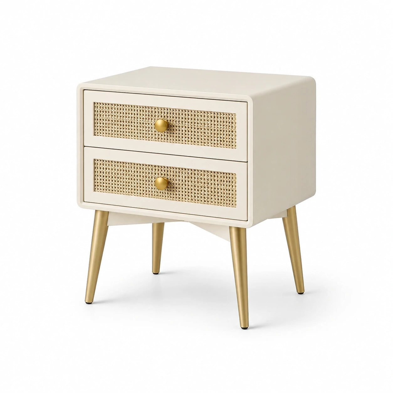 Comodino in MDF e Rattan con Gambe in Metallo Dorato 45x35x55 cm