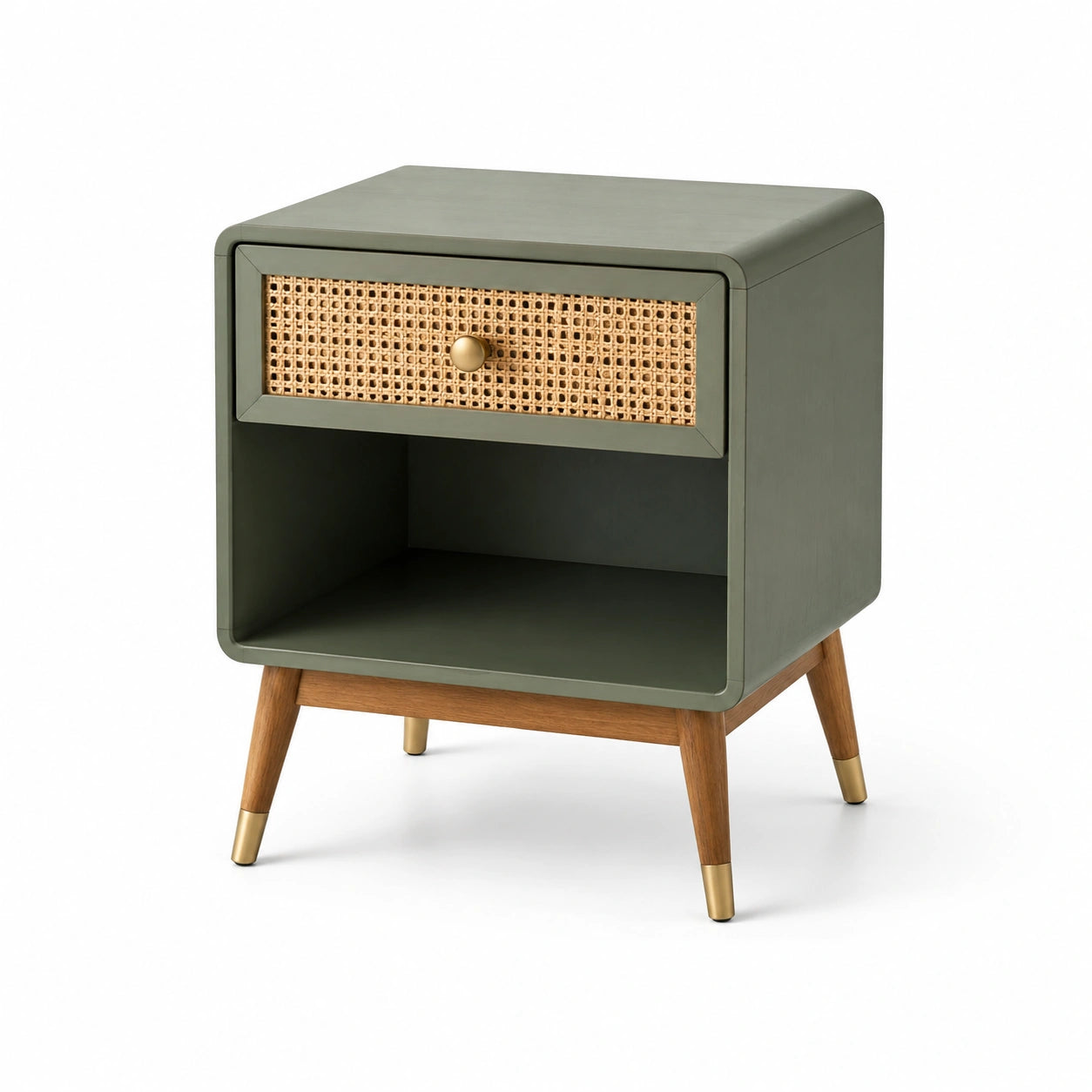 Comodino in legno con cassetto in rattan e gambe in legno massello