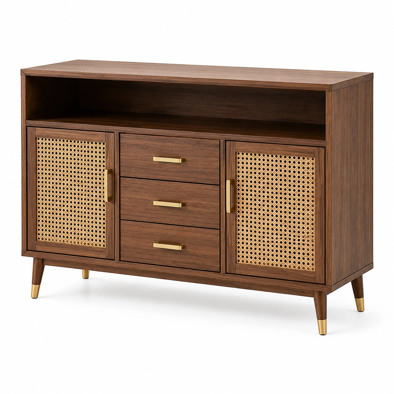 Credenza in legno con ante in rattan e 3 cassetti