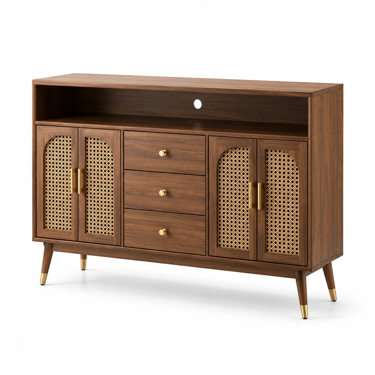 Credenza in legno con porte in rattan naturale e cassetti 120x40x80 cm