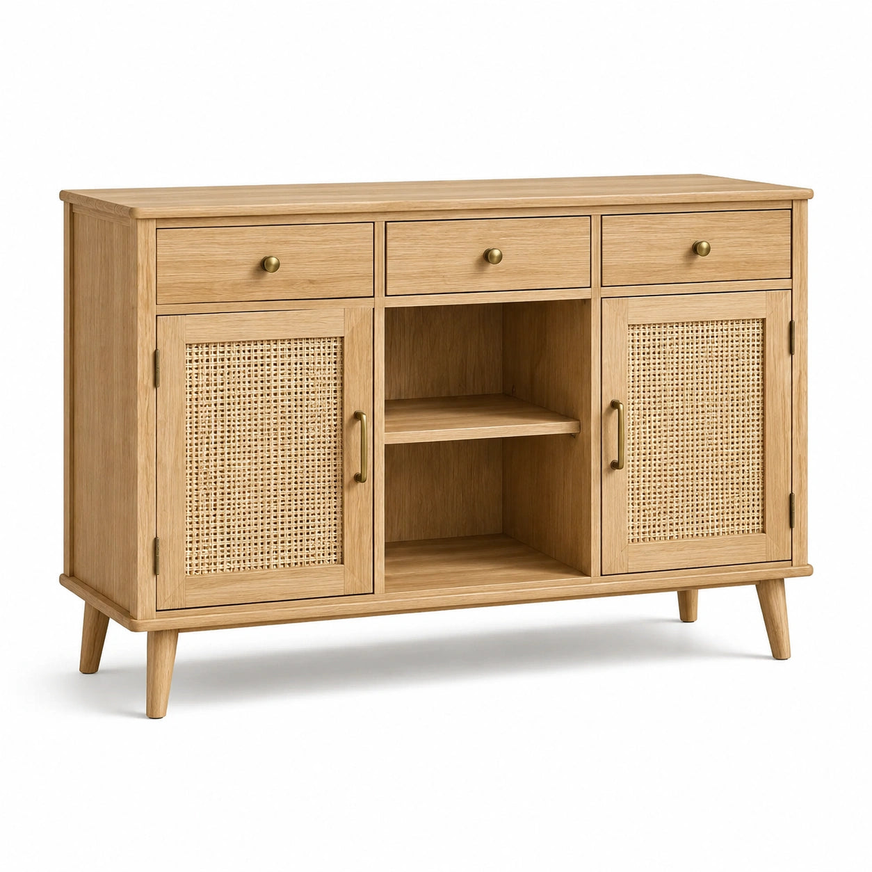 Credenza in legno con ante in rattan e cassetti
