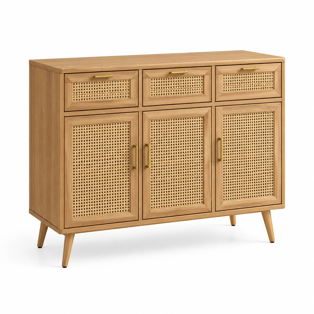 Credenza in legno e rattan con maniglie in ottone, 120x90x40 cm
