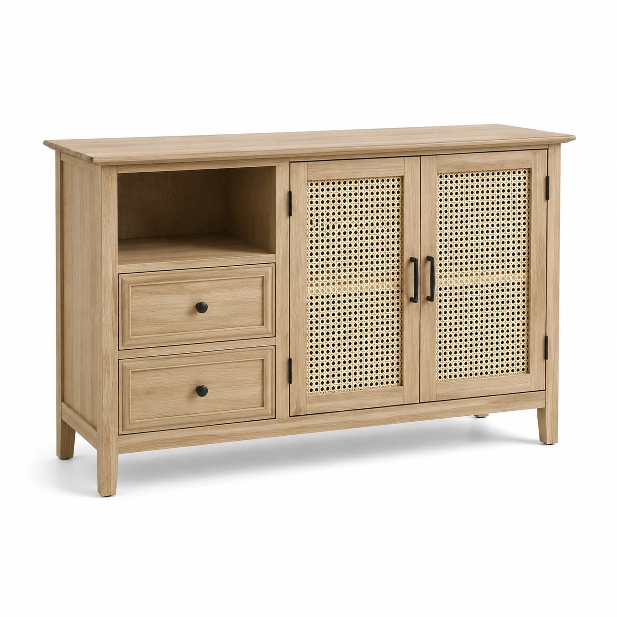 Credenza in legno con ante in rattan e cassetti