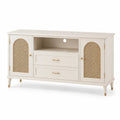 Credenza in legno crema con sportelli in rattan e cassetti