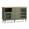 Credenza in legno con ante in vetro rigato e cassetti verde