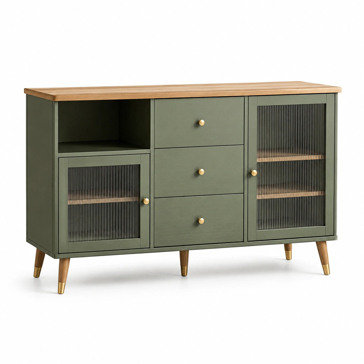 Credenza in legno con ante in vetro rigato e cassetti verde