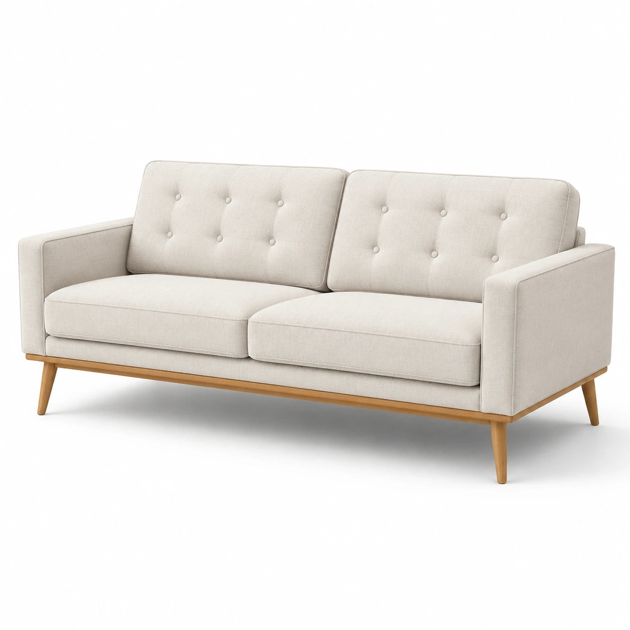 Divano a 3 posti in tessuto beige con gambe in legno