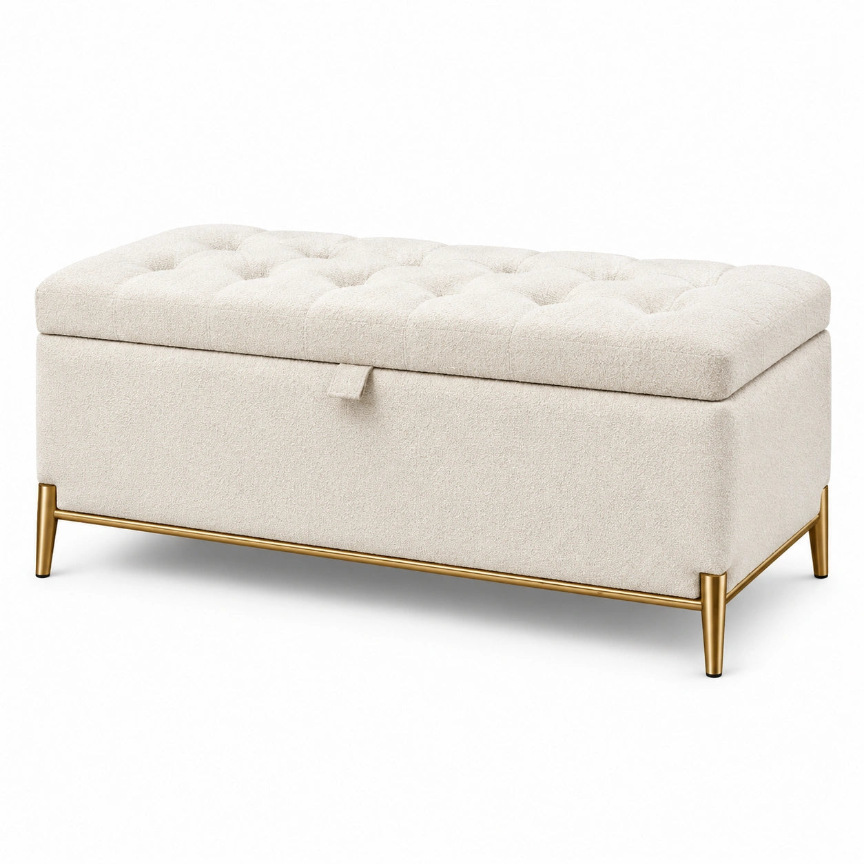 Cassapanca rettangolare in tessuto bouclé beige con base in metallo