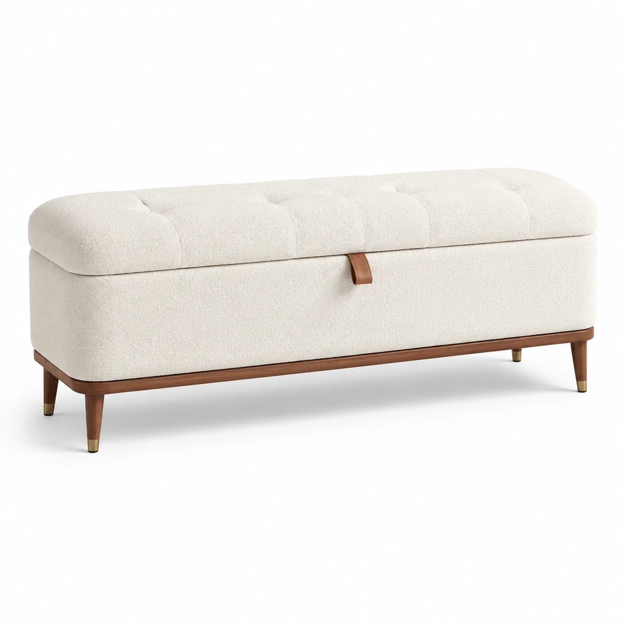 Panca contenitore in legno e tessuto crema con gambe in metallo 120x40x45 cm