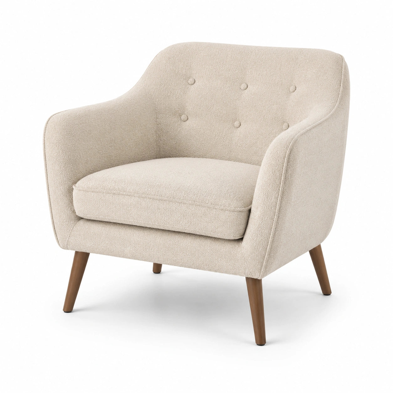 Poltrona in tessuto bouclé beige con gambe in legno