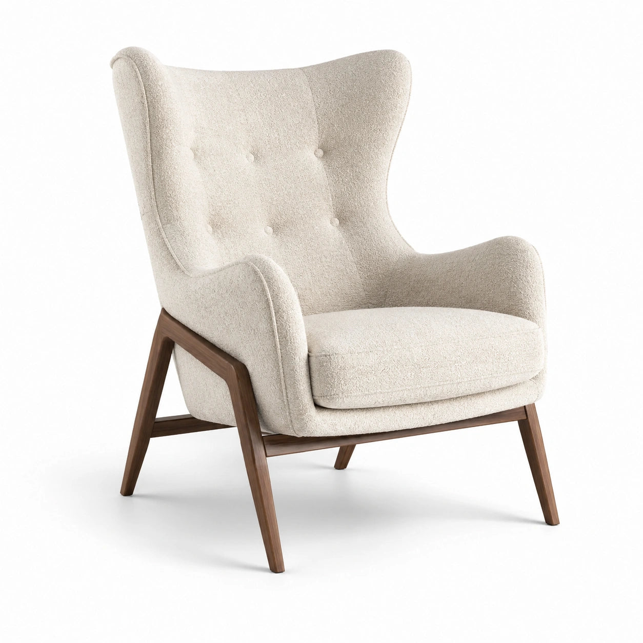 Poltrona in tessuto bouclé beige con struttura in legno di noce