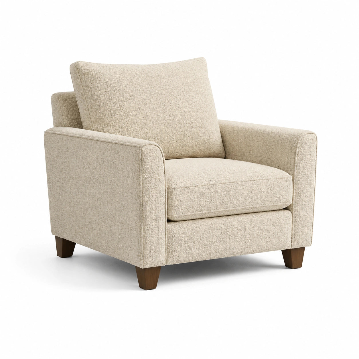 Poltrona in tessuto beige con gambe in legno di faggio
