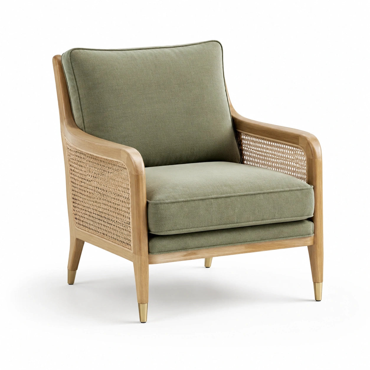 Poltrona in legno con rivestimento in lino verde e dettagli in rattan