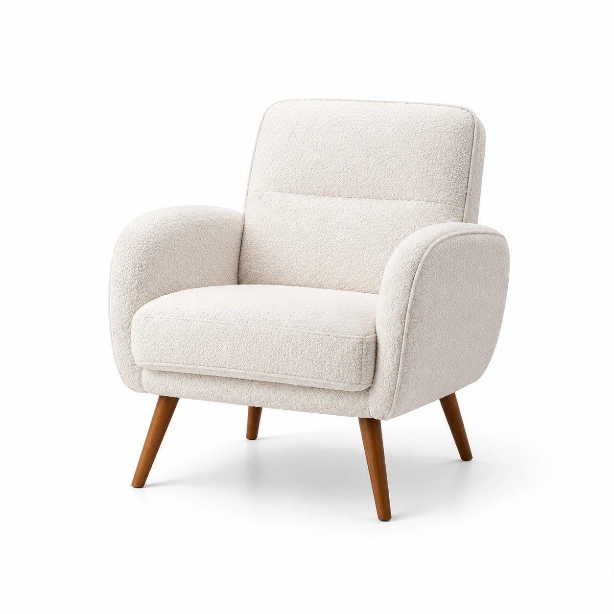 Poltrona in tessuto bouclé bianco con gambe in legno