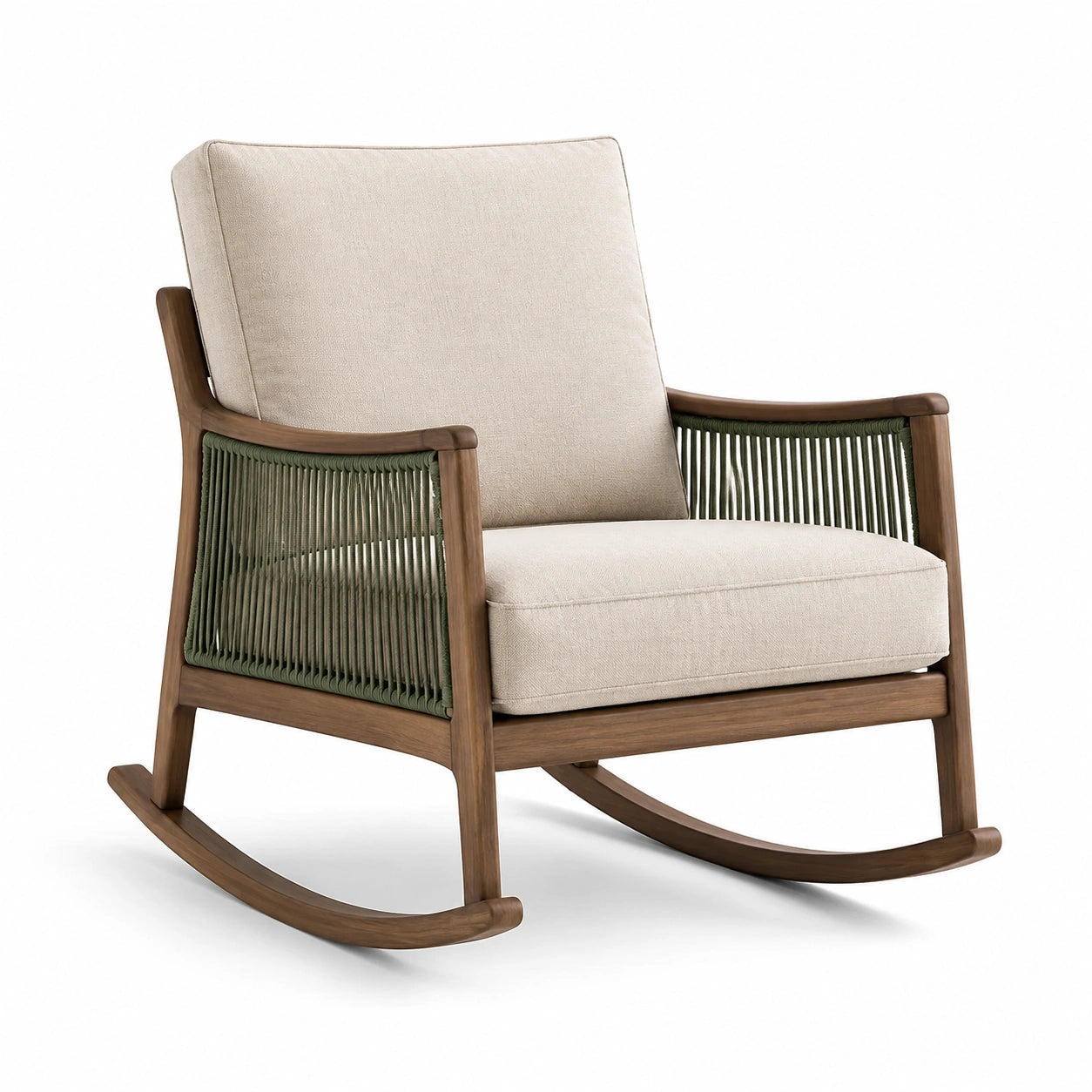 Sedia a dondolo in legno di teak con corde di polipropilene e cuscini in poliestere beige