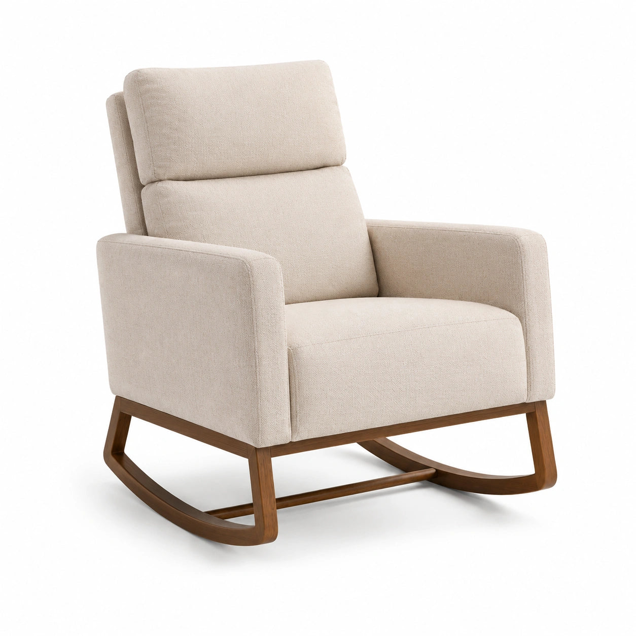 Poltrona a dondolo in legno e tessuto beige