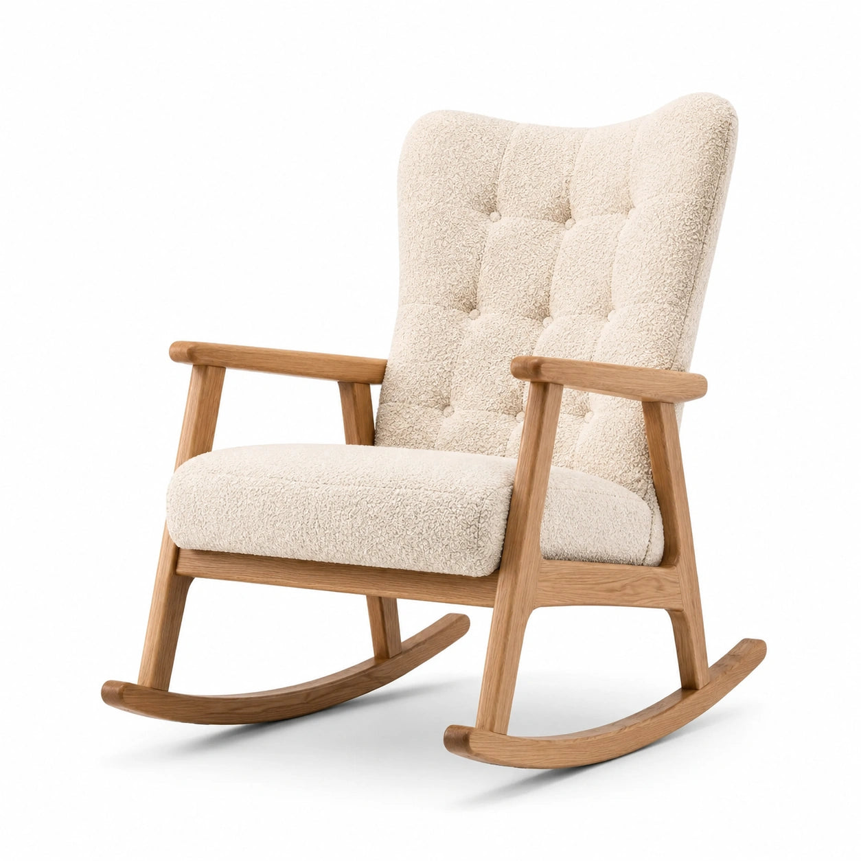 Sedia a dondolo in legno di quercia e tessuto bouclé beige