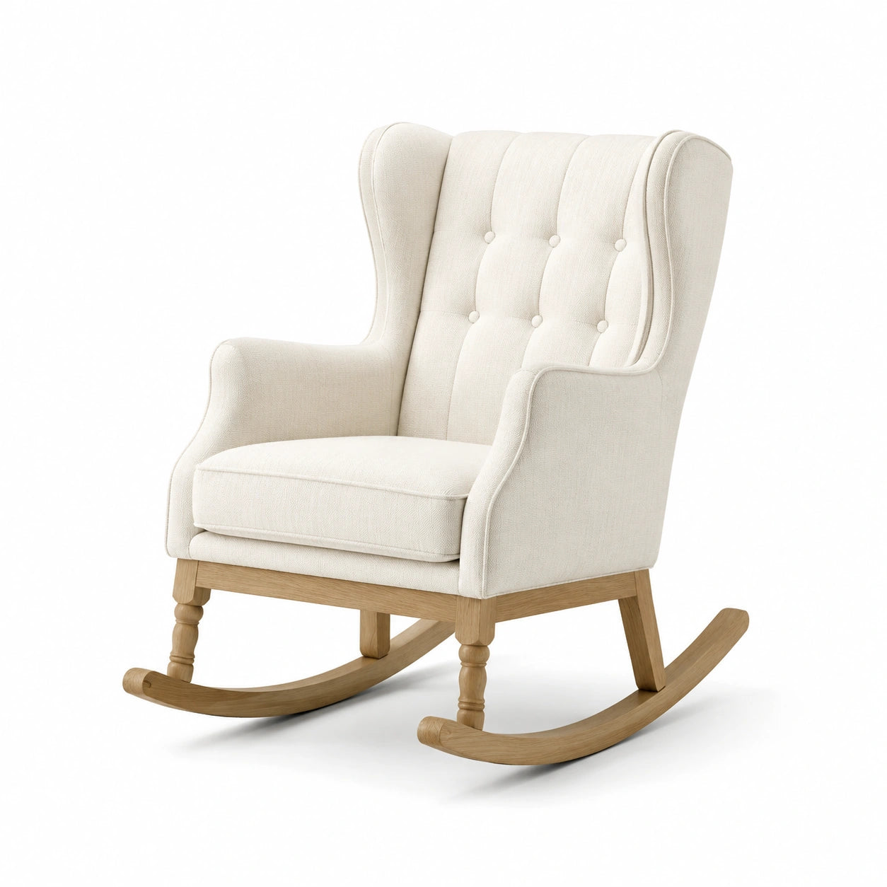 Sedia a dondolo in tessuto beige con struttura in legno